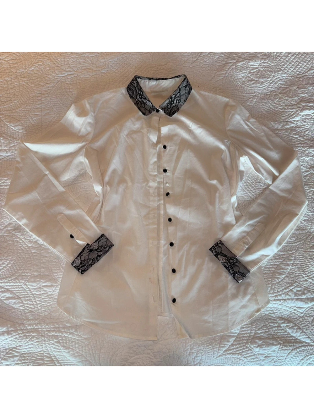 Corporate Alternative Whimsy Goth White Button Up with Black Lace